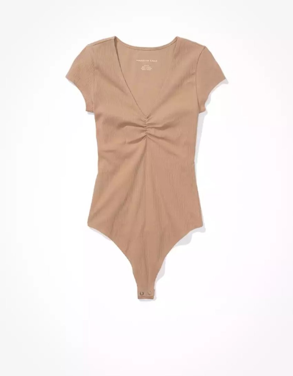 T Shirts American Eagle AE V-Neck Corta-Sleeve Bodysuit Marron Femme | HQD-12790532